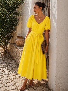 Alex Marie Yellow Puff Sleeve Midi Dress | European Vacation Cottagecore XXL